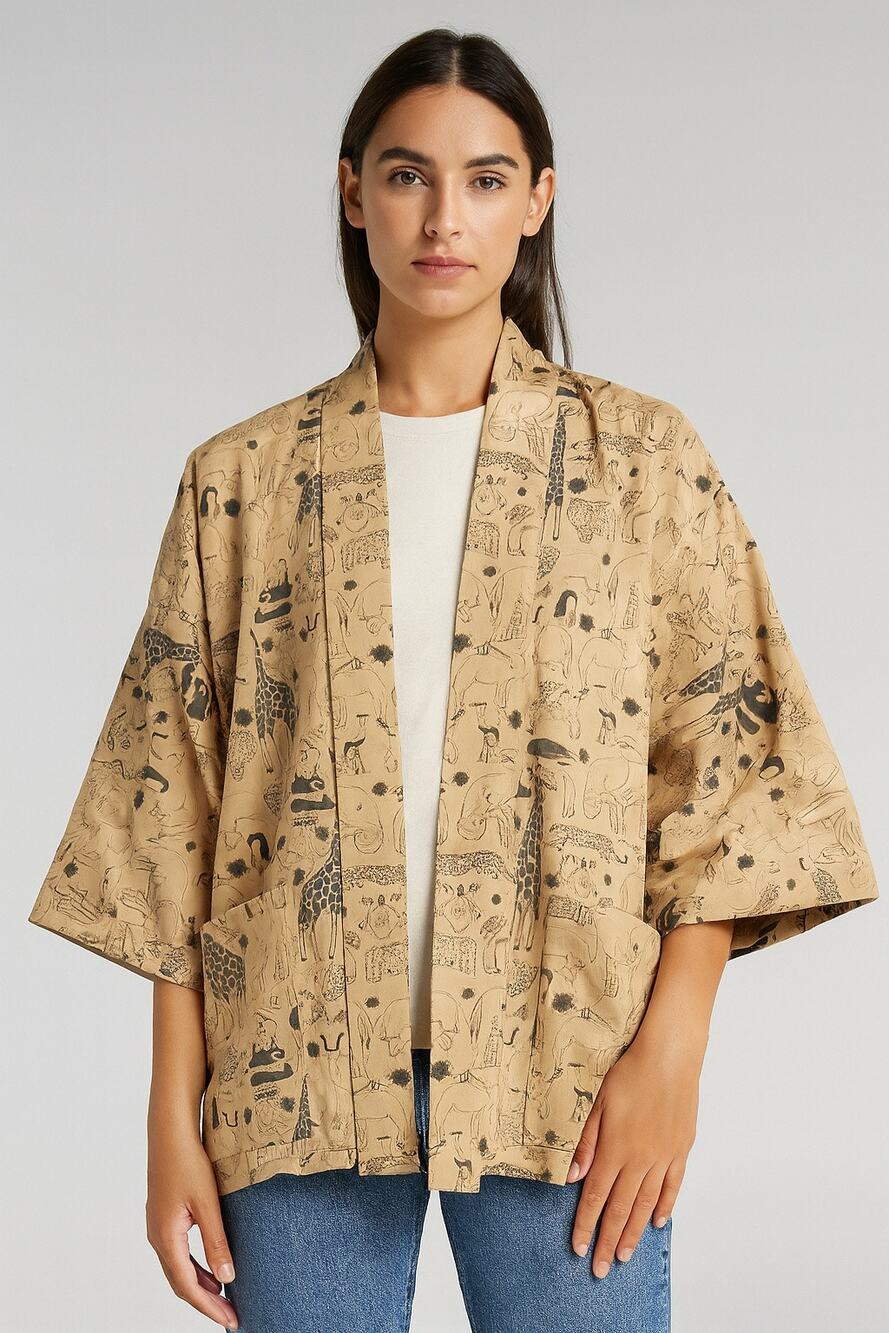 Womens RF Textile Kimono Jacket Novelty Koala Giraffe Lion Tan Artsy Boho Size L